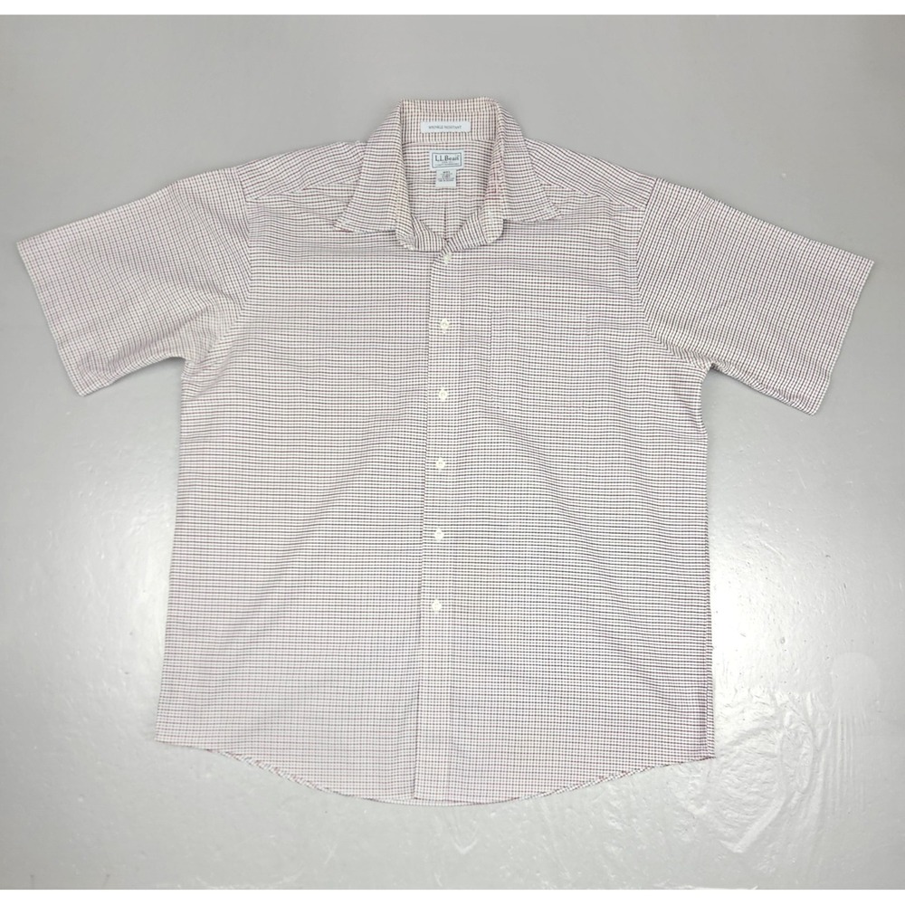 LL Bean Button Down Shirt Mens 17 Reg Short Sleeve Wrinkle Resistant Cream Check